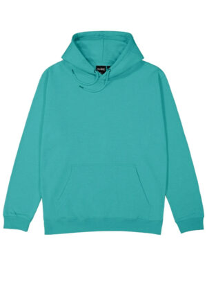 Turquoise hoodie with a front kangaroo pocket, drawstring hood, and ribbed cuffs and hem on a plain background.