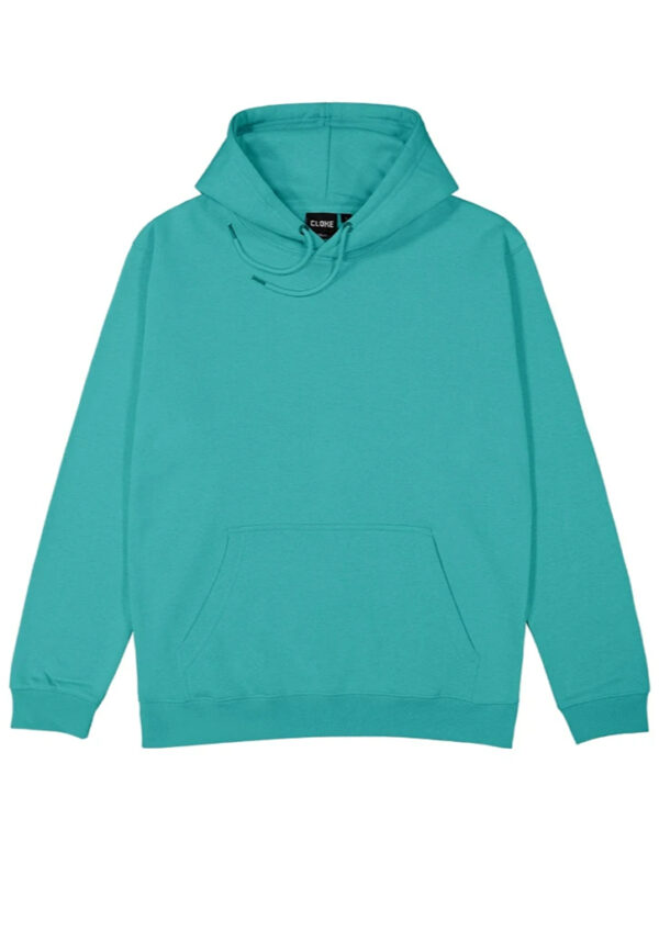 Turquoise hoodie with a front kangaroo pocket, drawstring hood, and ribbed cuffs and hem on a plain background.