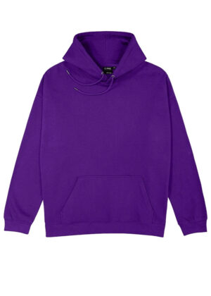 Purple hoodie with a front kangaroo pocket and drawstring hood on a plain background.