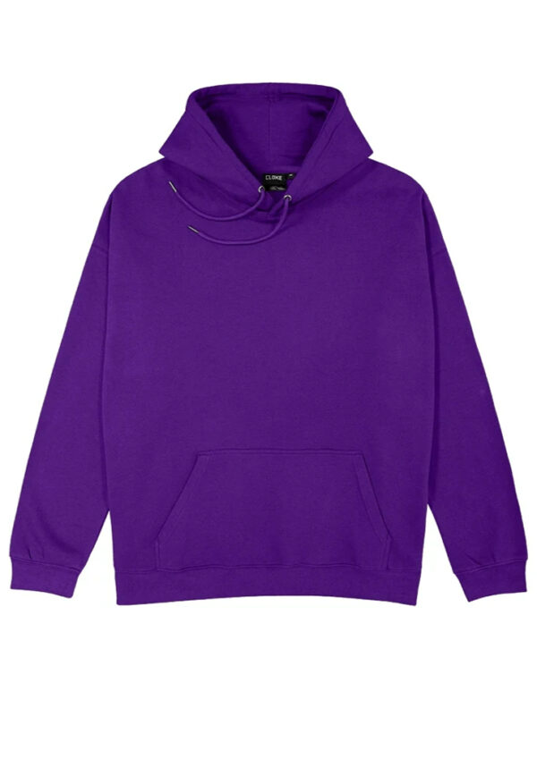 Purple hoodie with a front kangaroo pocket and drawstring hood on a plain background.