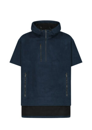 Navy blue short-sleeve zip-up poncho with hood, front chest pocket, and two zippered side pockets; black hem at bottom.