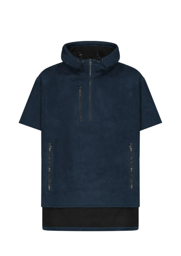 Navy blue short-sleeve zip-up poncho with hood, front chest pocket, and two zippered side pockets; black hem at bottom.