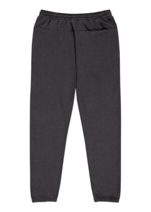 Dark gray jogger pants with an elastic waistband and elastic cuffs at the ankles.