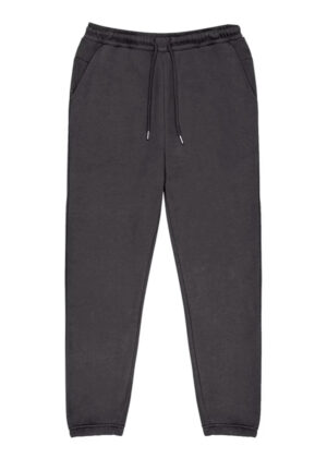 Dark gray sweatpants with a drawstring waist and cuffed ankles, front pockets visible.