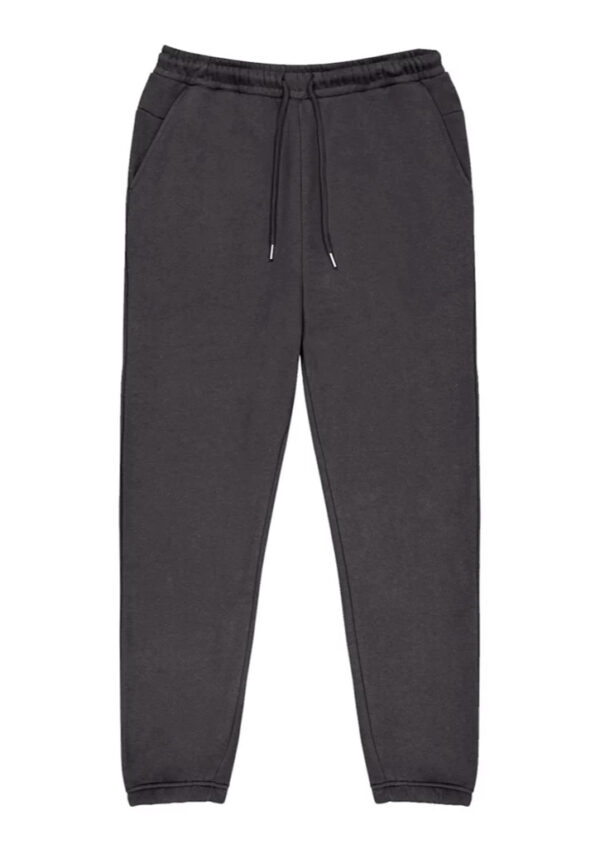 Dark gray sweatpants with a drawstring waist and cuffed ankles, front pockets visible.