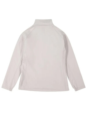 Back view of a light gray jacket with a stand collar and visible seam lines along the sleeves and sides.