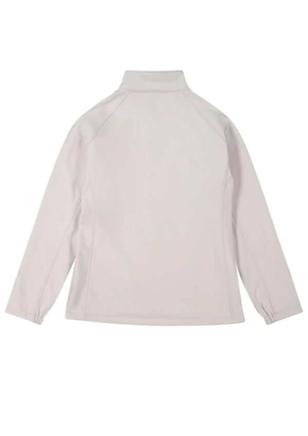 Back view of a light gray jacket with a stand collar and visible seam lines along the sleeves and sides.