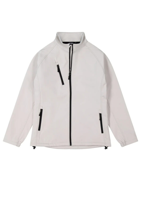 Beige lightweight jacket with a stand collar and multiple black zippers.