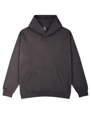 Dark gray pullover hoodie with a front kangaroo pocket, ribbed cuffs, and a roomy hood.