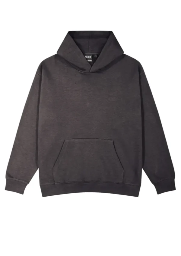 Dark gray pullover hoodie with a front kangaroo pocket, ribbed cuffs, and a roomy hood.