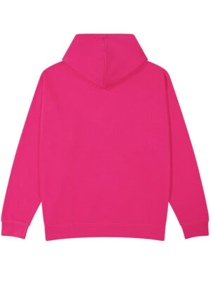 Back view of a bright pink hoodie with a hood and long sleeves.