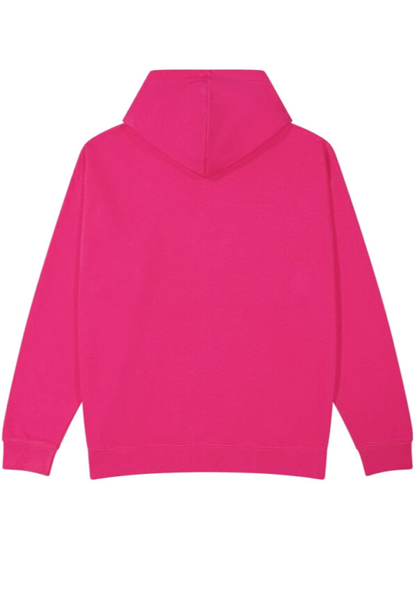 Back view of a bright pink hoodie with a hood and long sleeves.