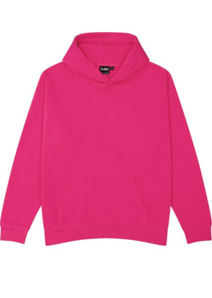 Bright pink hoodie with a front kangaroo pocket, no graphics visible on a plain background.
