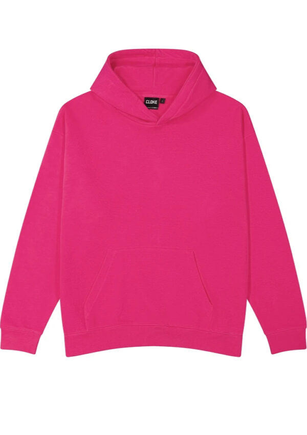 Bright pink hoodie with a front kangaroo pocket, no graphics visible on a plain background.