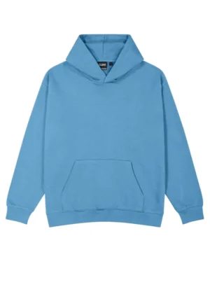 Light blue pullover hoodie with a front kangaroo pocket and a hooded collar on a plain background.