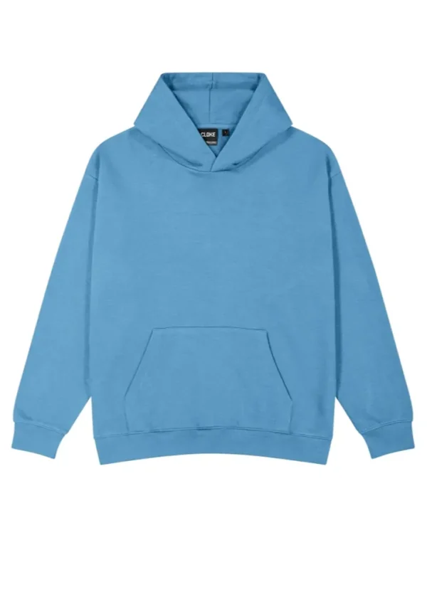 Light blue pullover hoodie with a front kangaroo pocket and a hooded collar on a plain background.