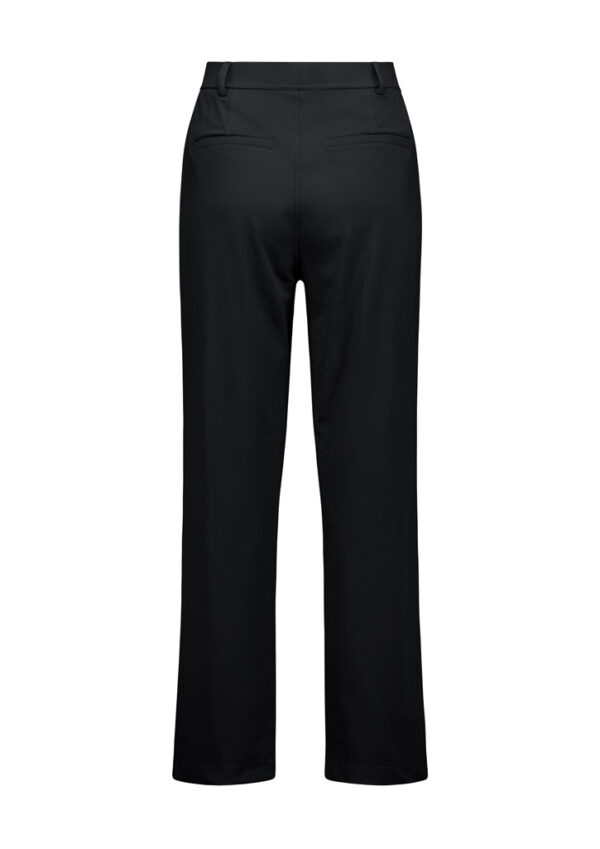 Back view of black tailored trousers with belt loops and two back welt pockets.