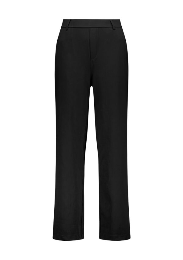 Black tailored trousers with belt loops, front view.