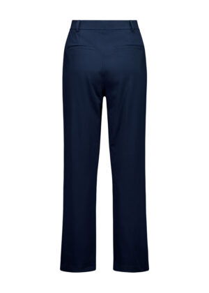 Back view of navy blue tailored trousers with belt loops and welt pockets, straight legs.