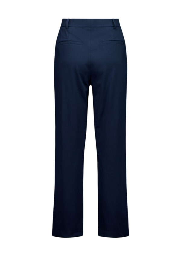 Back view of navy blue tailored trousers with belt loops and welt pockets, straight legs.
