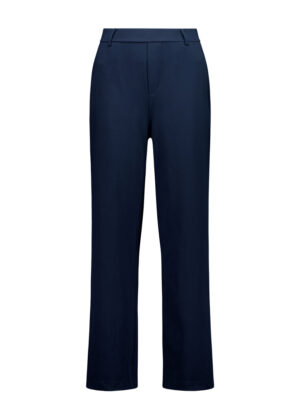 Navy blue tailored trousers with belt loops, straight-leg fit, front view