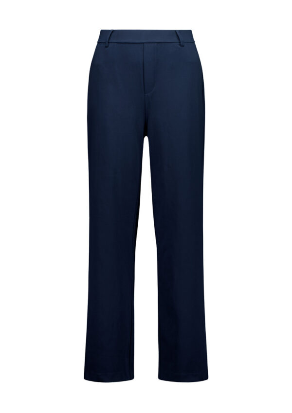 Navy blue tailored trousers with belt loops, straight-leg fit, front view