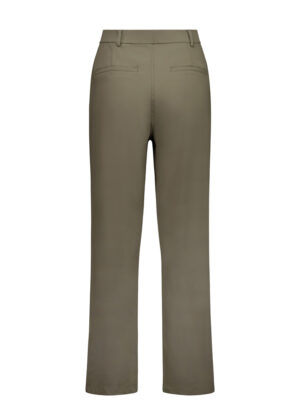 Back view of khaki dress pants with belt loops and two back welt pockets.