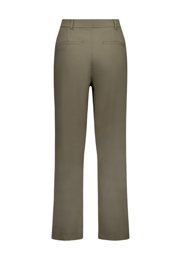 Back view of khaki dress pants with belt loops and two back welt pockets.