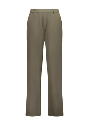 Olive khaki wide-leg trousers with belt loops and a flat front.