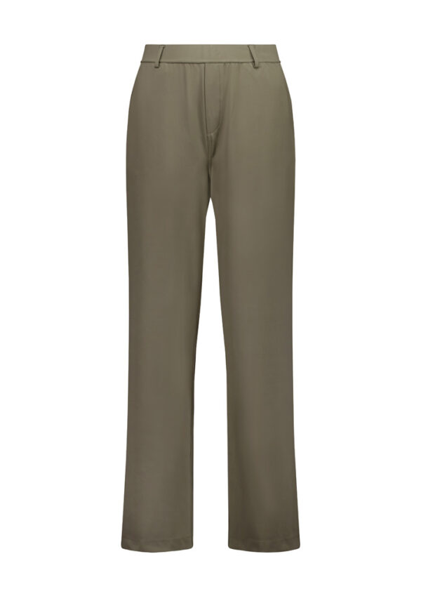 Olive khaki wide-leg trousers with belt loops and a flat front.