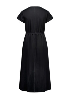 Back view of a floor-length black dress with short sleeves and a waist belt.