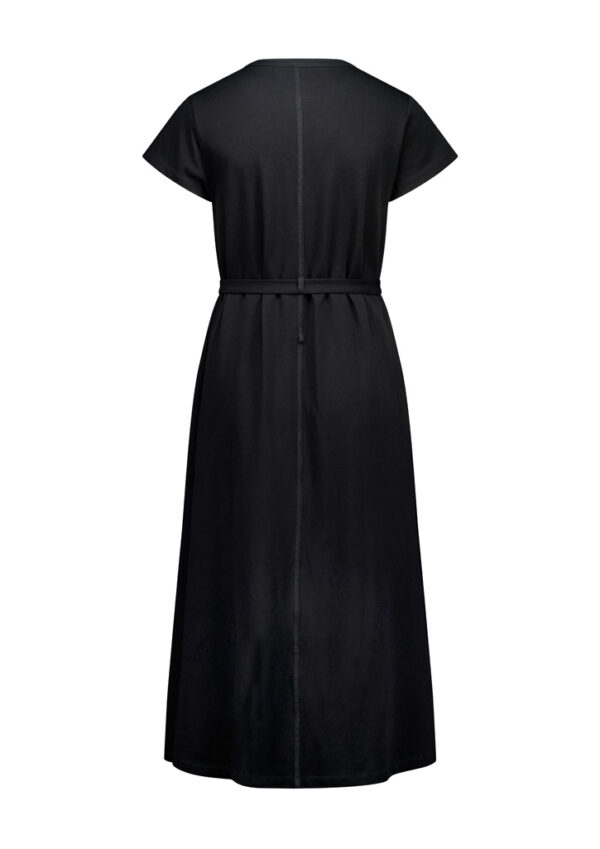 Back view of a floor-length black dress with short sleeves and a waist belt.