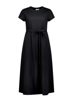 Black midi-length dress with short sleeves and a fabric belt tied at the waist.