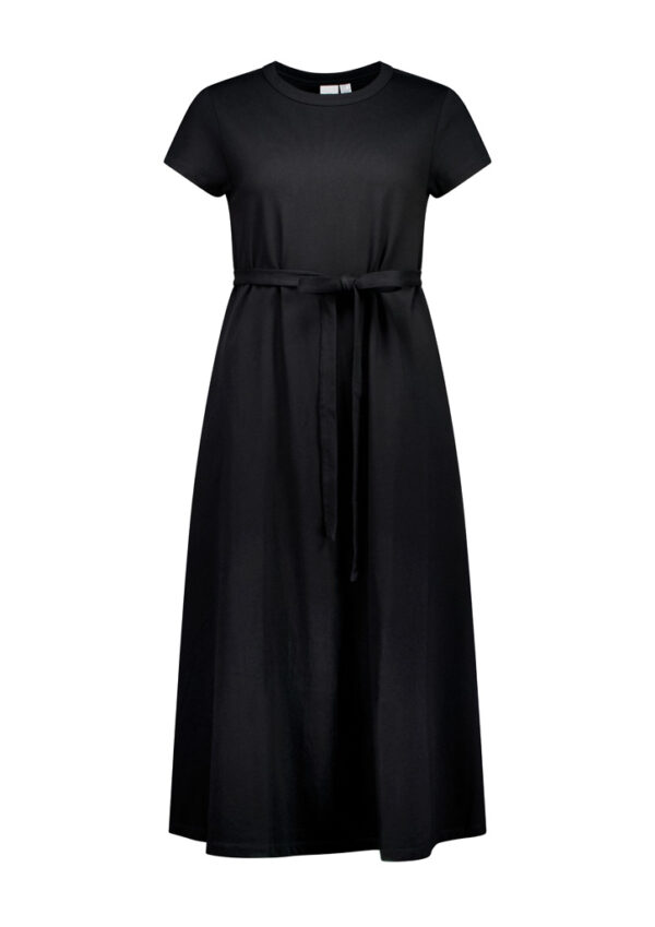 Black midi-length dress with short sleeves and a fabric belt tied at the waist.