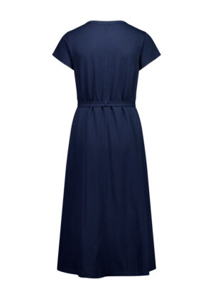 Back view of a navy blue maxi dress with short sleeves and a matching belt tied at the waist.