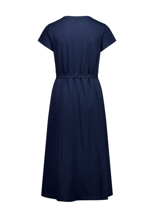 Back view of a navy blue maxi dress with short sleeves and a matching belt tied at the waist.