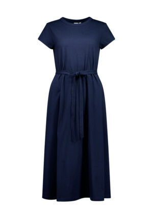 Full-length navy blue dress with short sleeves and a fabric belt tied at the waist, creating a tailored, A-line silhouette.
