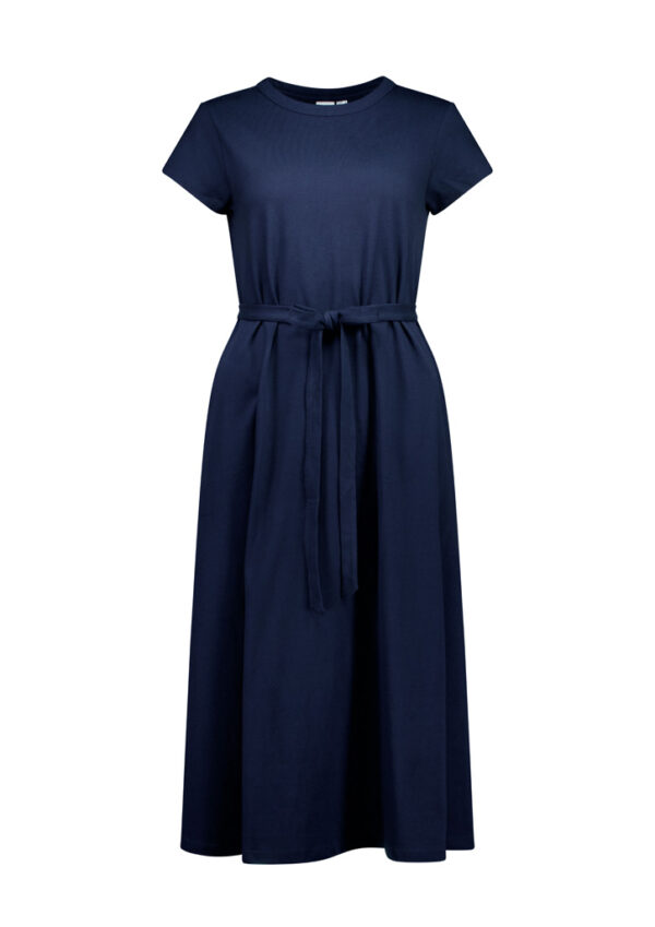 Full-length navy blue dress with short sleeves and a fabric belt tied at the waist, creating a tailored, A-line silhouette.