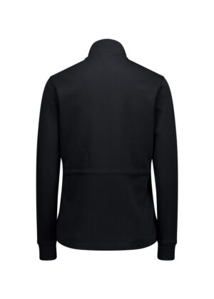 Back view of a black long-sleeve jacket with a stand-up collar.