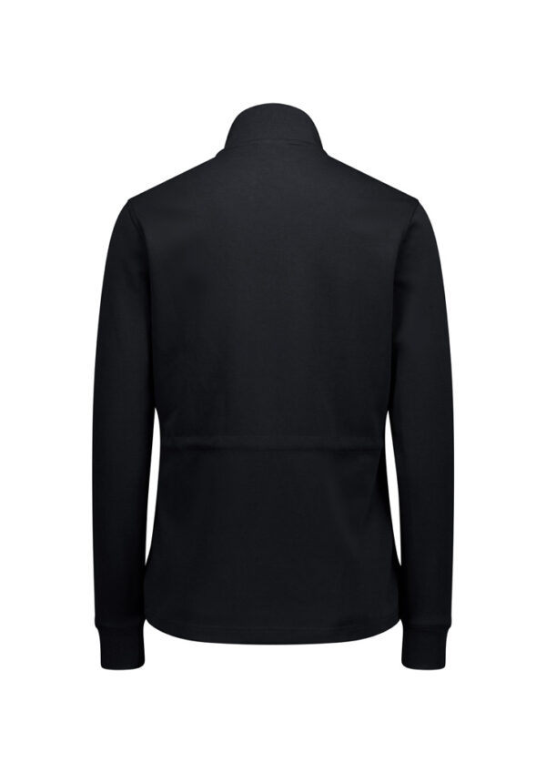 Back view of a black long-sleeve jacket with a stand-up collar.