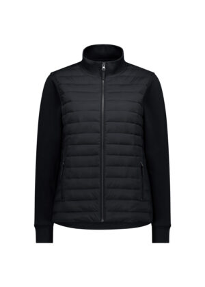 Black padded jacket with quilted front, full-length zipper, stand collar, and contrast knit sleeves with zip pockets on the sides.
