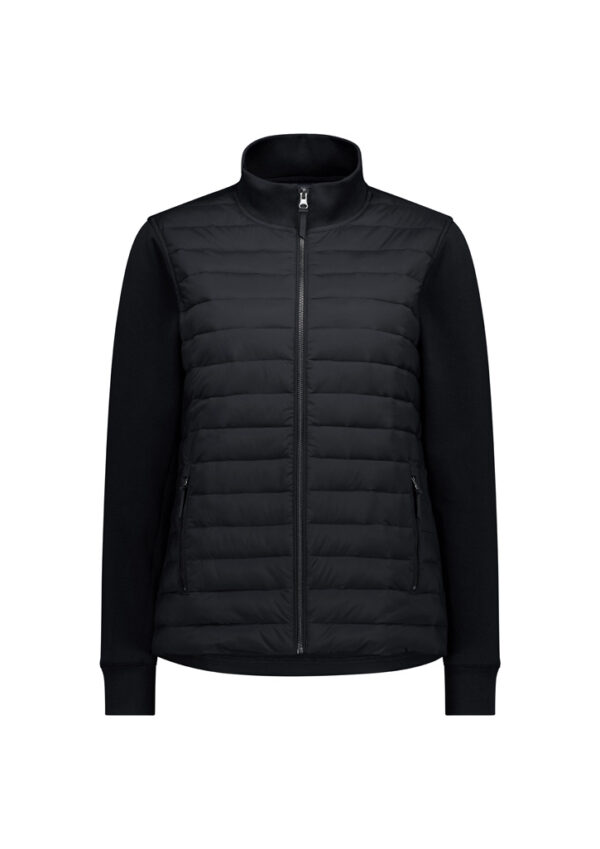 Black padded jacket with quilted front, full-length zipper, stand collar, and contrast knit sleeves with zip pockets on the sides.