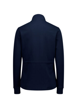 Back view of a navy blue jacket with a stand-up collar and ribbed cuffs, no visible logos.