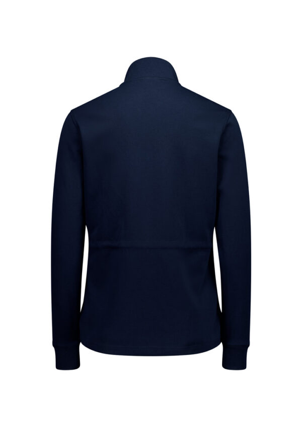 Back view of a navy blue jacket with a stand-up collar and ribbed cuffs, no visible logos.