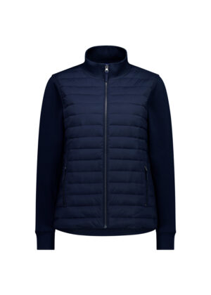 Navy blue quilted jacket with a front full-length zipper, stand collar, and zippered pockets on a plain background.