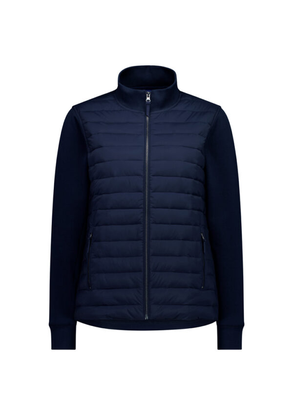 Navy blue quilted jacket with a front full-length zipper, stand collar, and zippered pockets on a plain background.