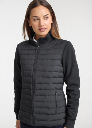 Woman wearing a black quilted zip-up jacket with a stand collar, looking to the side against a light background.