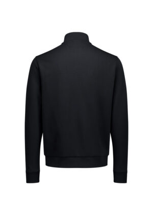 Black bomber jacket shown from the back with ribbed collar, cuffs, and hem.