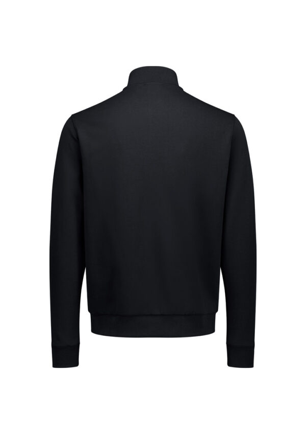 Black bomber jacket shown from the back with ribbed collar, cuffs, and hem.