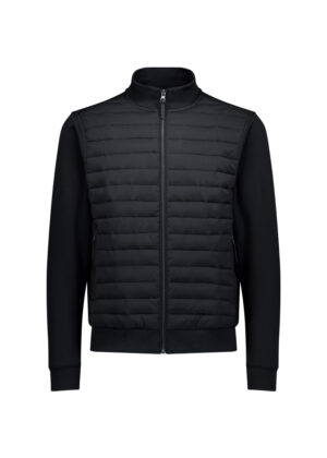 Black zip-front puffer jacket with quilted front and solid sleeves, standing collar visible from the front